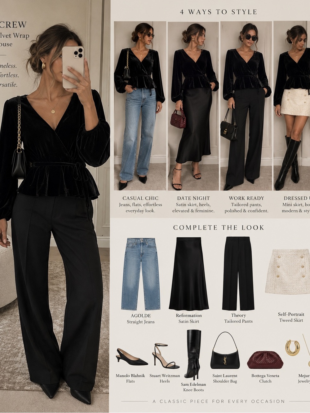 J.Crew Black Velvet Faux Wrap Peplum Tie Waist Blouse Size 6